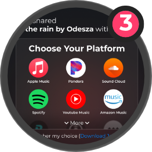 JamShare Choose Your Platform screen with Apple Music, Pandora, SoundCloud, Spotify, YouTube Music and Amazon Music buttons