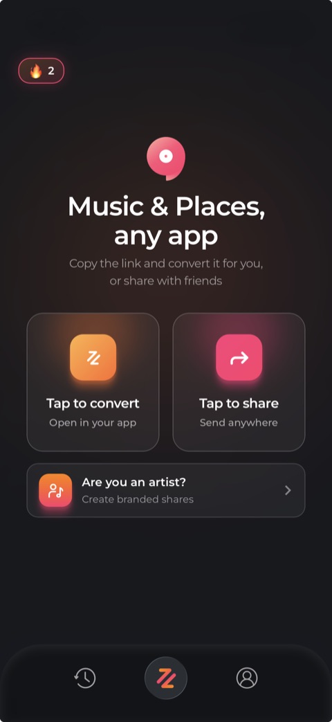 The JamShare app home screen, showing Tap to convert, Tap to share, and an Are you an artist? row