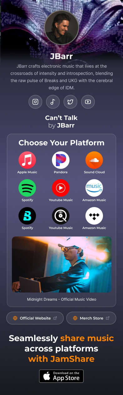 A JamArtist page for JBarr: artist photo, bio, social links and a Choose Your Platform grid