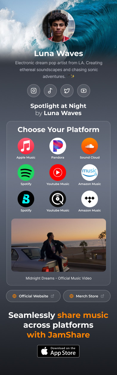 A JamArtist page for Luna Waves: artist photo, bio, social links and a Choose Your Platform grid
