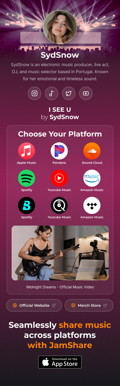 A JamArtist page for SydSnow: artist photo, bio, social links and a Choose Your Platform grid