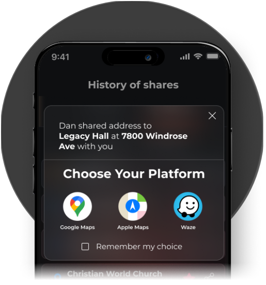 JamShare screen showing Choose Your Platform for a shared address with Google Maps, Apple Maps, and Waze options